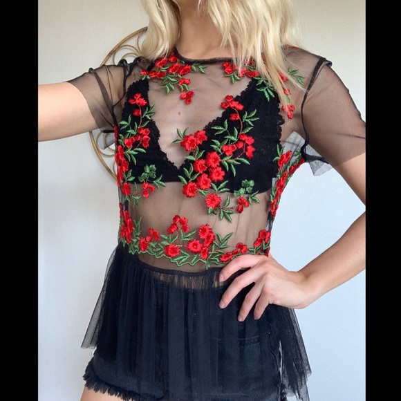 Black Mesh Embroidered Top - Picture 3 of 4